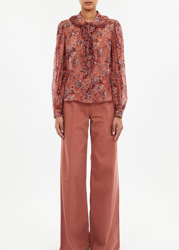 NINA RUFFLE FRONT BLOUSE OLEANDER