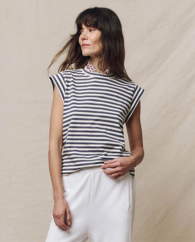 PEAK SHOULDER T VINTAGE BLUE AND CREAM STRIPE