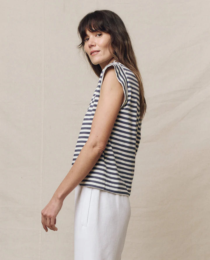 PEAK SHOULDER T VINTAGE BLUE AND CREAM STRIPE