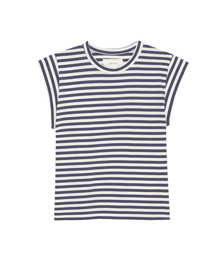 PEAK SHOULDER T VINTAGE BLUE AND CREAM STRIPE