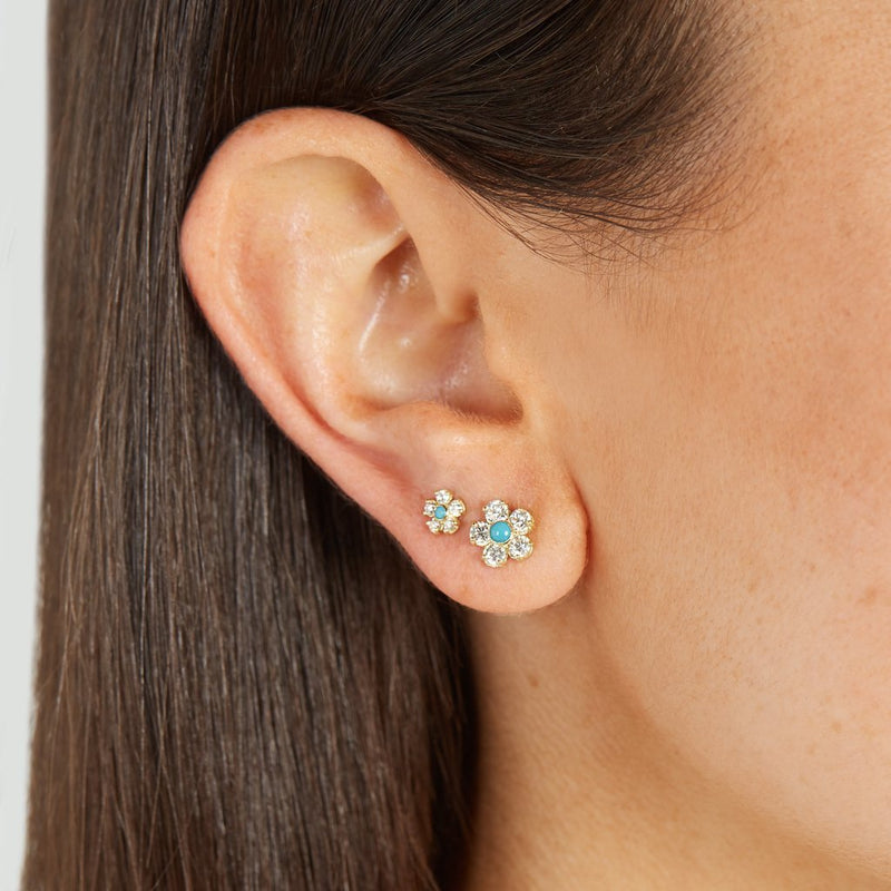 Diamond Flower Stud with turquoise centre